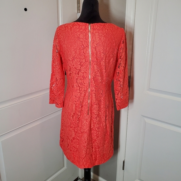 NWT Vince Camuto Lace Coral Pink Orange Sheath Dress Women's Size 10 3/4 Sleeves - Picture 4 of 16